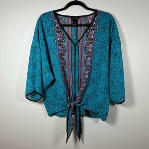 Ali Miles Large Teal Black Pink 3/4 Sleeve Tie Front Animal Print Sheer‎ Blouse